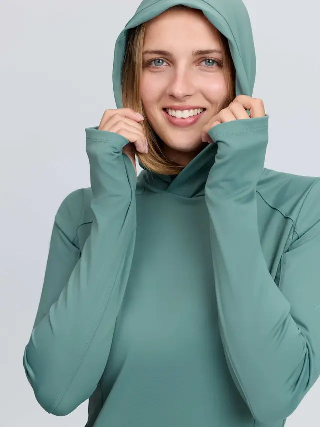 LeMieux Heidi Hooded Mid Layer Aloe women's green athletic training top with UV protection.