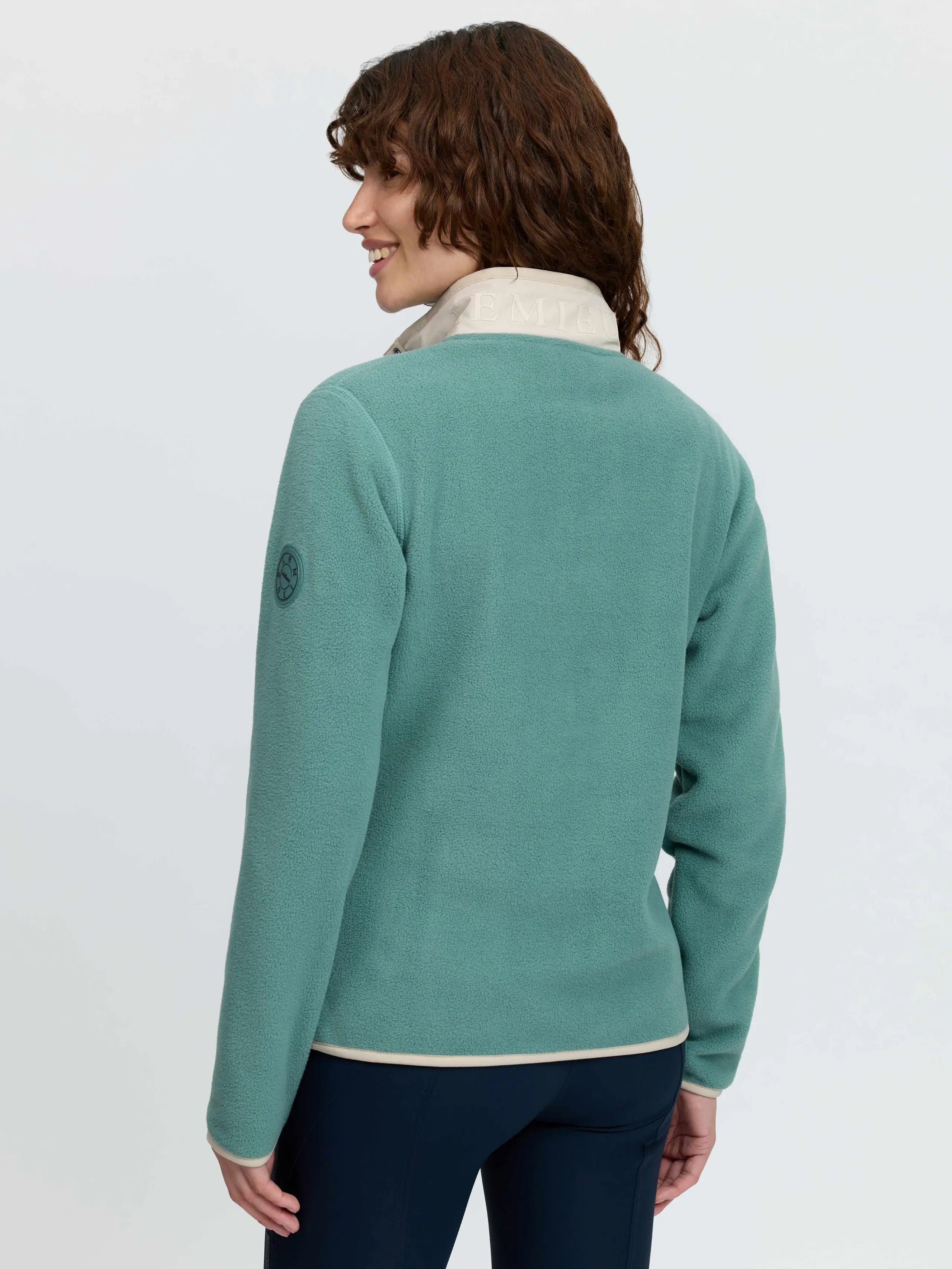Green LeMieux Piper Popper Fleece Aloe for women | Equestrian mid layer with contrast trim