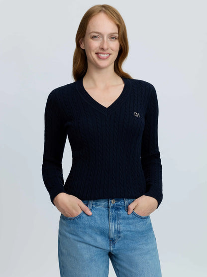 LeMieux Carla Cable V-Neck Knit Jumper Navy
