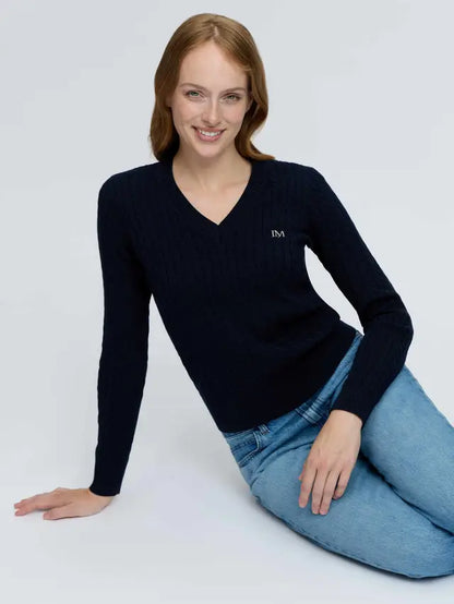 LeMieux Carla Cable V-Neck Knit Jumper Navy