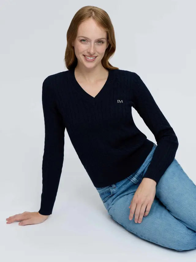 LeMieux Carla Cable V-Neck Knit Jumper Navy