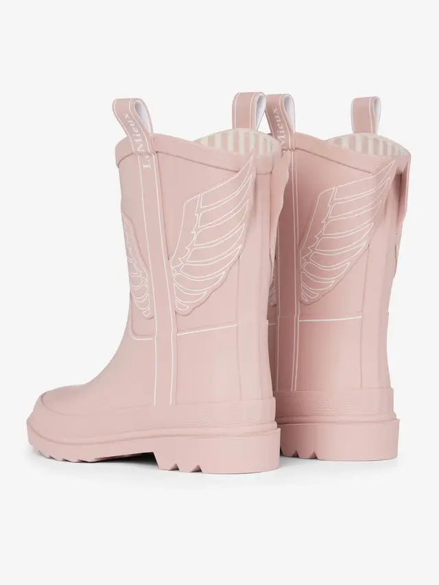 LeMieux Splash Welly Western Pink children's rain boots with winged design and easy pull loops.