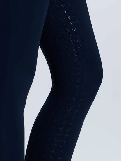 LeMieux navy tall pull-on breeches with subtle diamond pattern on lower leg