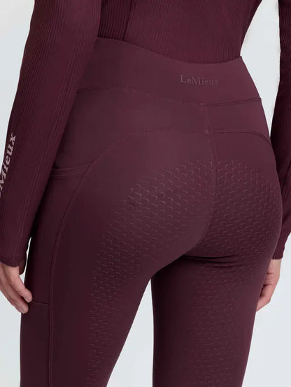 LeMieux bramble brushed riding leggings with patterned silicone full seat and high waist.