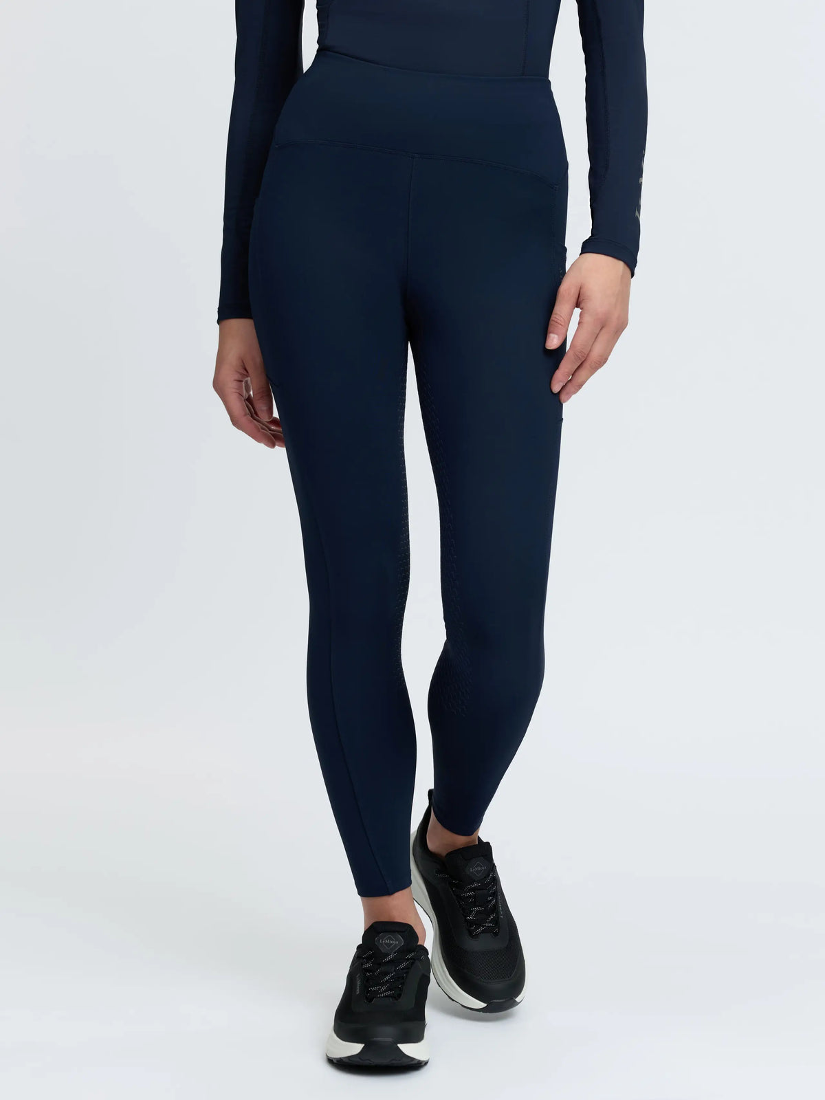 LeMieux Natalie brushed pull-on navy thermal riding leggings with silicone full seat.