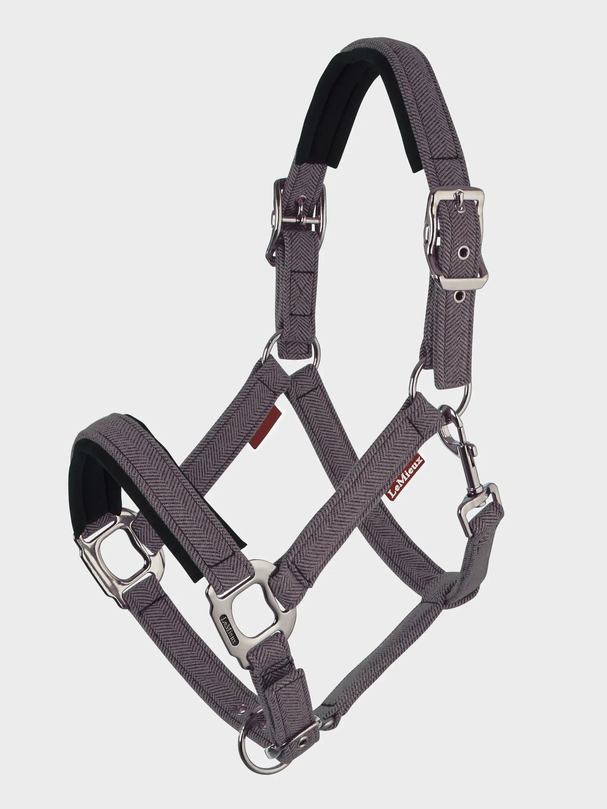 LeMieux Heritage Headcollar Cocoa: Durable nylon horse halter with padded noseband and brushed metal fittings.