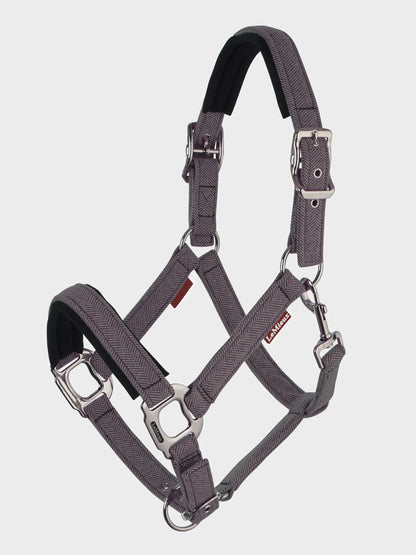 LeMieux Heritage Headcollar Cocoa: Durable nylon horse halter with padded noseband and brushed metal fittings.