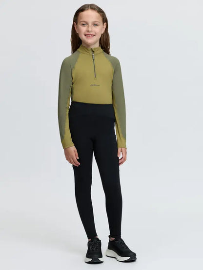 LeMieux children's black riding leggings and olive green half-zip top