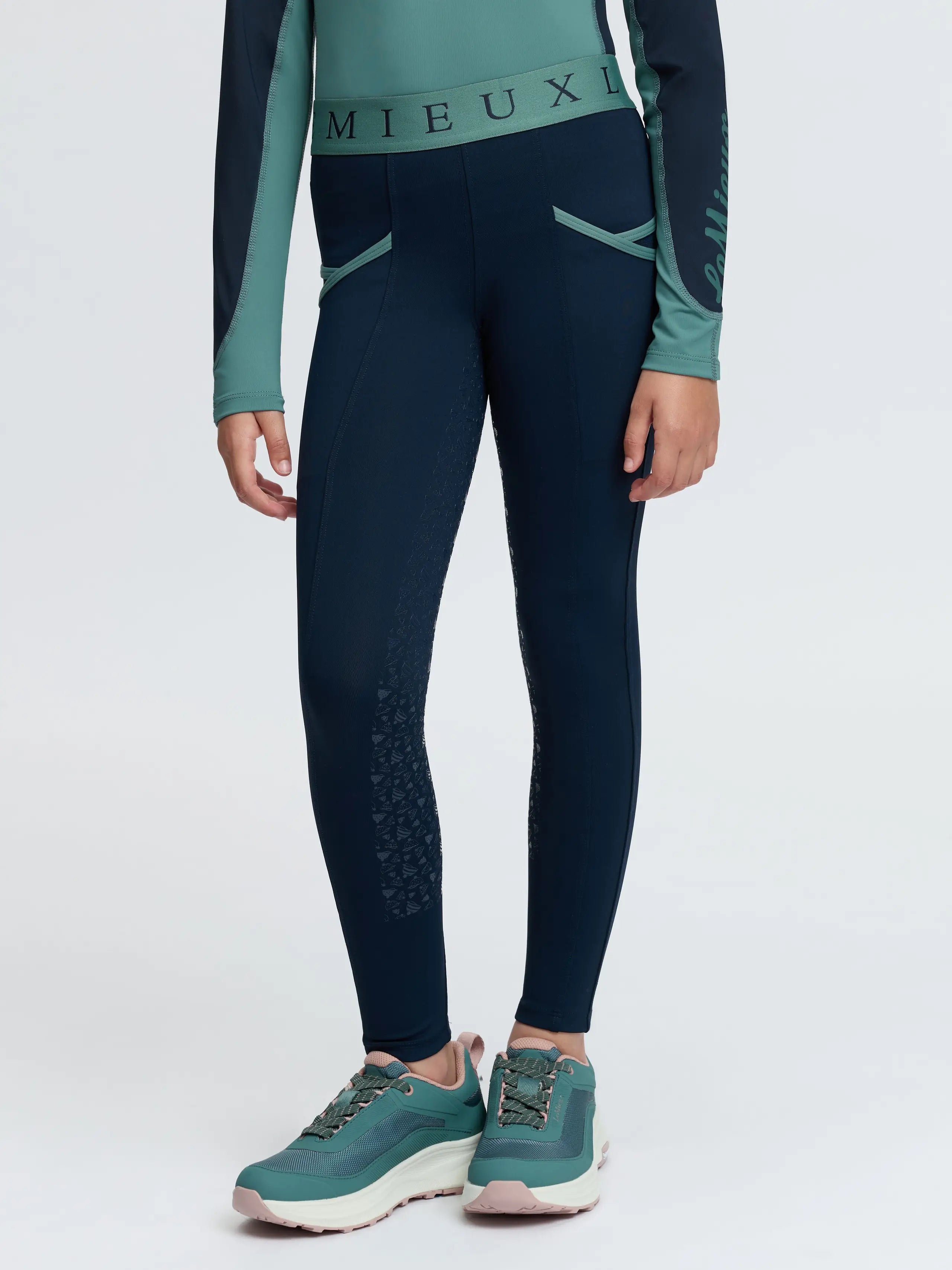 LeMieux Mini Pull On Breeches Navy/Aloe Green with silicone grip for kids
