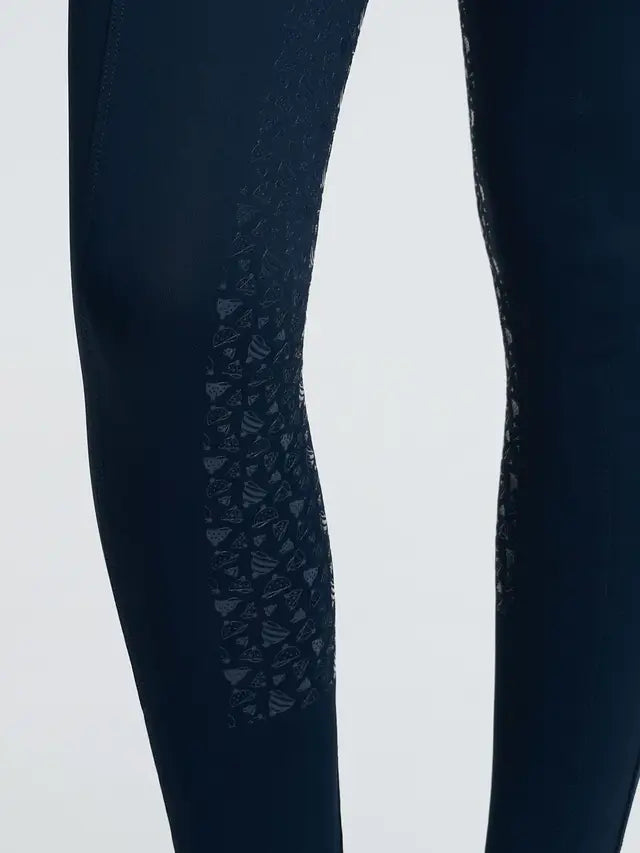 Navy LeMieux kids riding breeches with unique hat pattern silicone knee grip