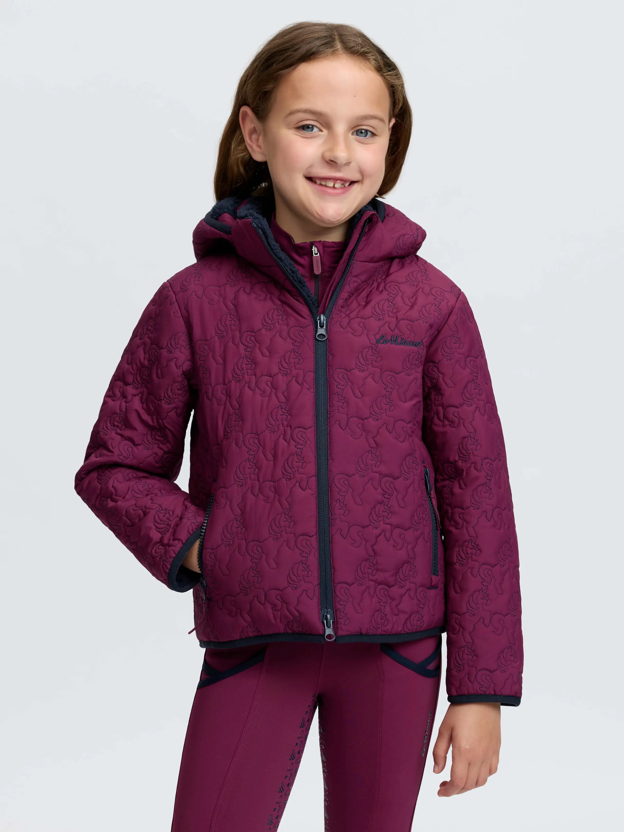 LeMieux girls Blackberry unicorn pattern quilted jacket with sherpa lining and detachable hood