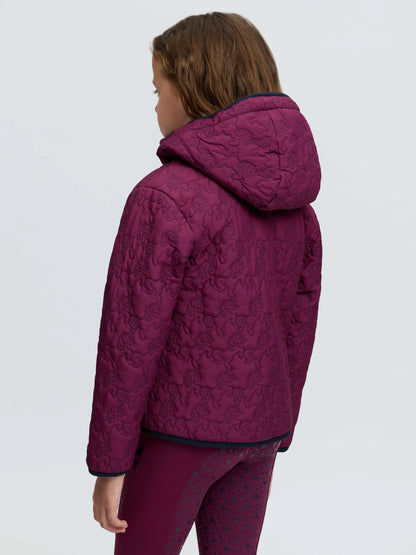 Girl wearing LeMieux mini Lola purple quilted jacket with unicorn pattern - back view