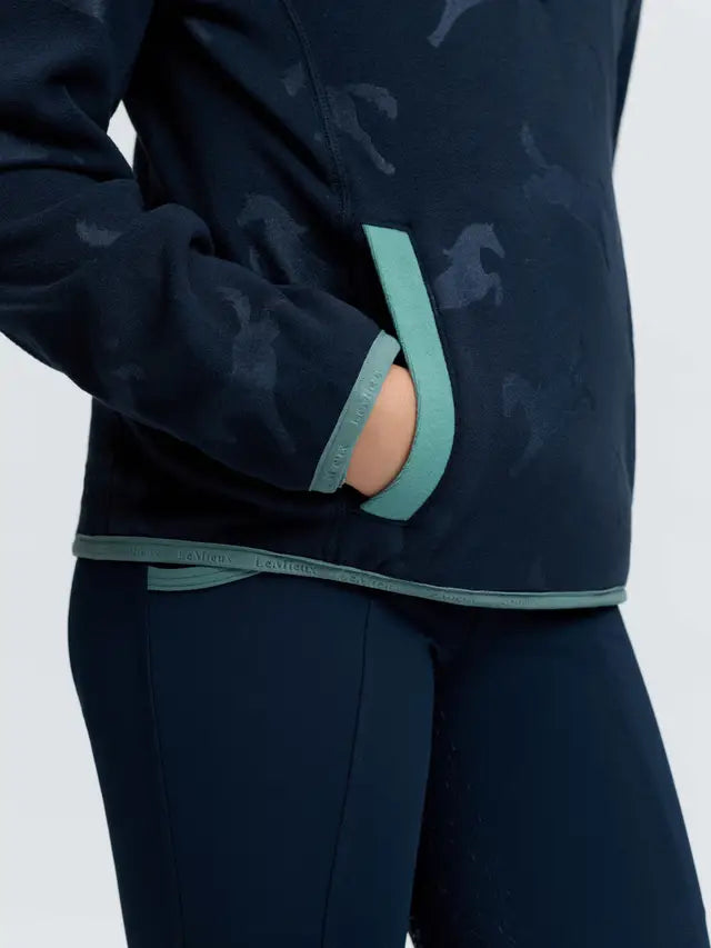 LeMieux navy kids fleece jacket with horse print, half zip, and contrast trim