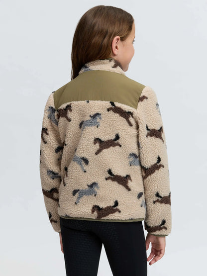 Girl wearing LEMIEUX MINI THEO PONY FLEECE in Willow Green, kids' equestrian outerwear.