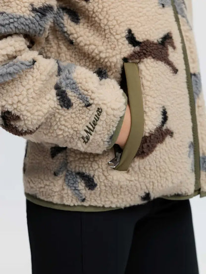 Le Mieux pony print fleece jacket for kids in Willow Green, featuring a zip-through style and cosy standing collar.