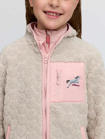Child wearing a LeMieux stone borg fleece jacket with pink trim and horse embroidery.