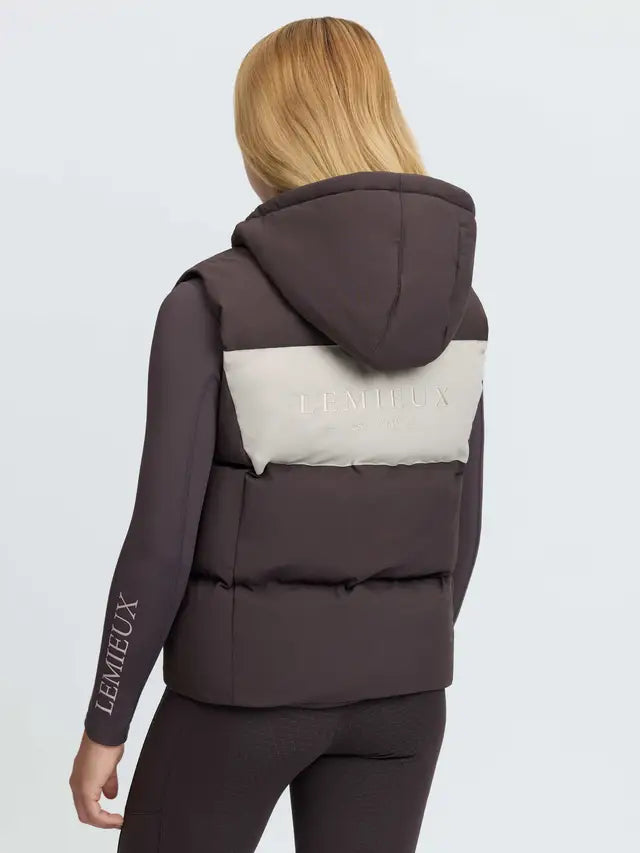 LeMieux Young Rider Joey Hooded Gilet Cocoa - Warm, stylish puffer vest for equestrian activities.