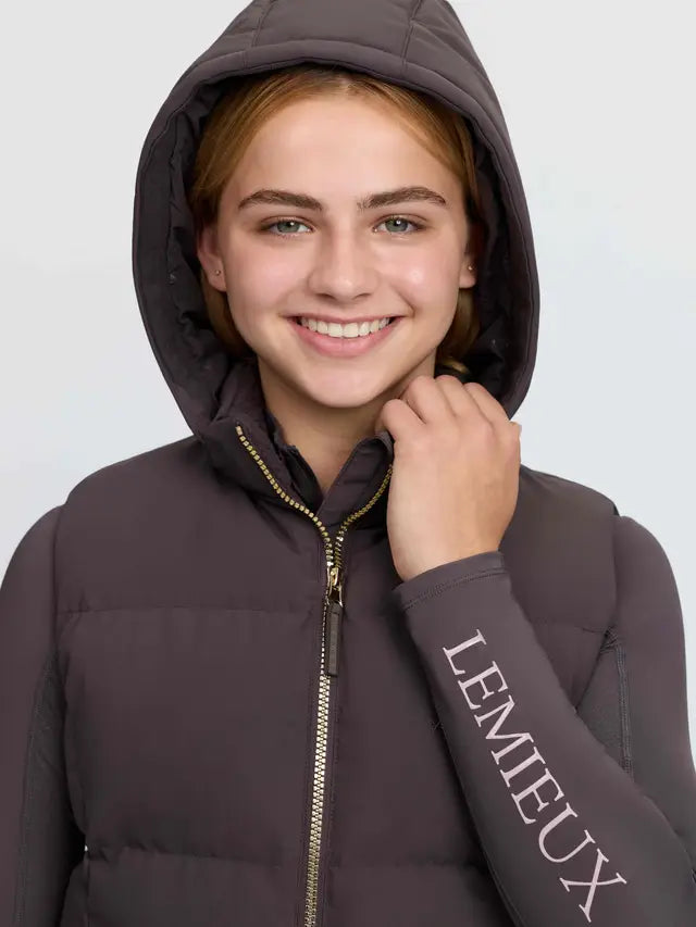 LeMieux Young Rider Joey Hooded Gilet in Cocoa - equestrian puffer vest for riders.