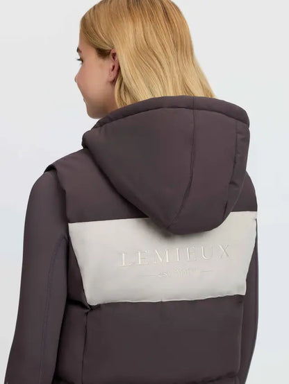 LeMieux Young Rider Joey Hooded Gilet in Cocoa - Back view with embroidered logo