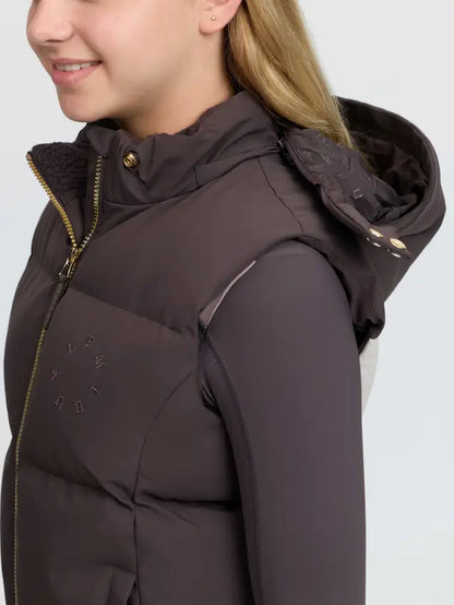 LeMieux Young Rider Joey Hooded Gilet Cocoa: Warm, stylish puffer vest for equestrian and winter fashion.