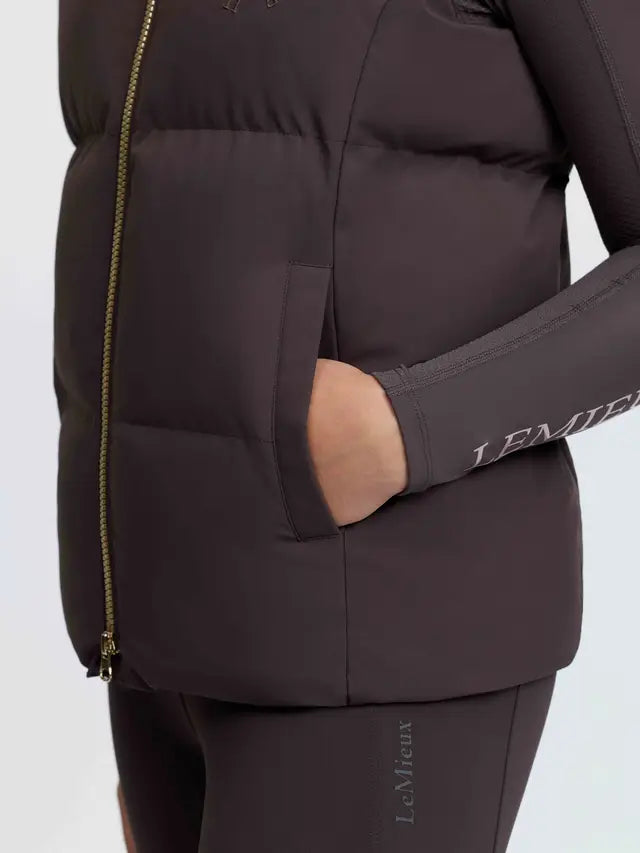 LeMieux Young Rider Joey Hooded Gilet in Cocoa - puffer gilet with pocket and branding