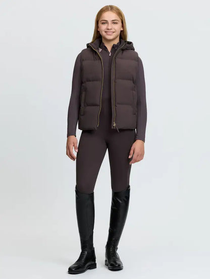 LeMieux Young Rider Joey Hooded Gilet in Cocoa - Puffer vest with removable hood for equestrian style.