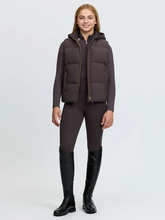 LeMieux Young Rider Joey Hooded Gilet in Cocoa - Puffer vest with removable hood for equestrian style.