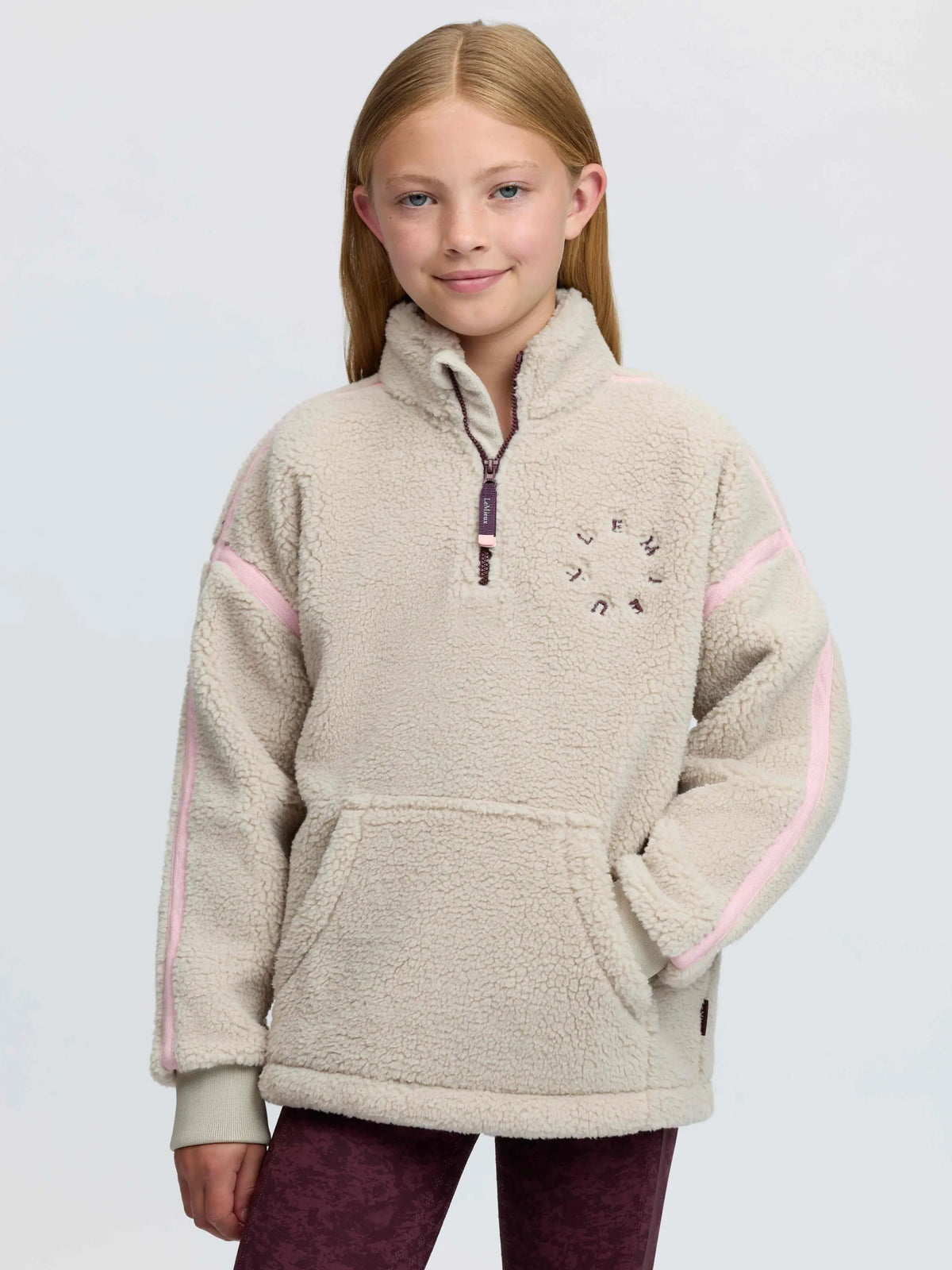 LeMieux Young Rider Jody Teddy Fleece pullover for kids | Beige with pink stripes