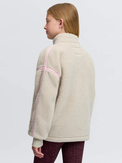 LeMieux Young Rider Jody Teddy Fleece in Stone with pink trim - cozy kids equestrian jacket