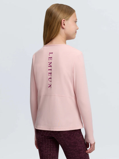 LEMIEX Young Rider Pink Petal long sleeve hybrid sports top with built-in bralette for comfort.