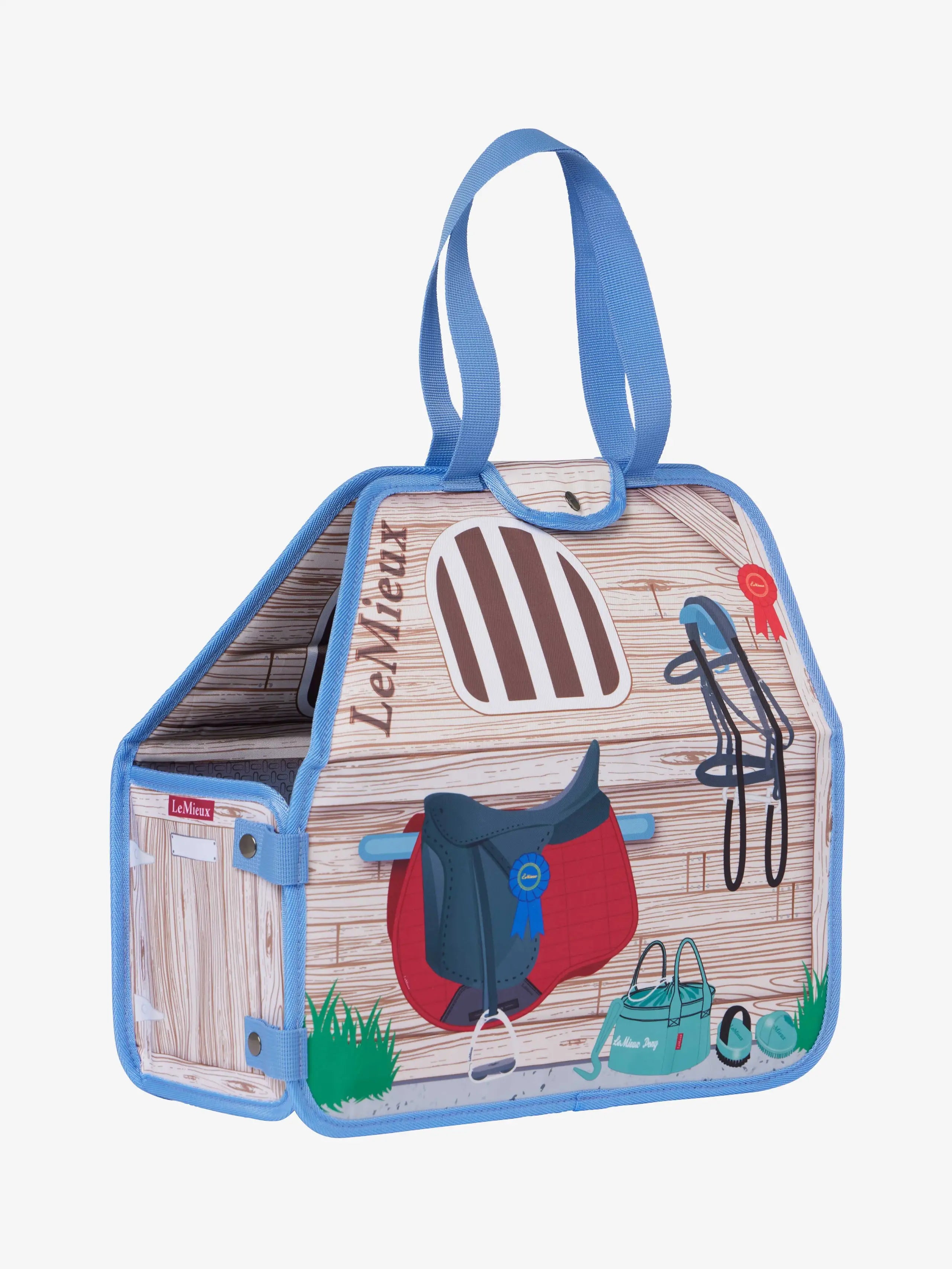 LeMieux Toy Pony stable carry bag with saddle, bridle, brushes, and bucket graphics.