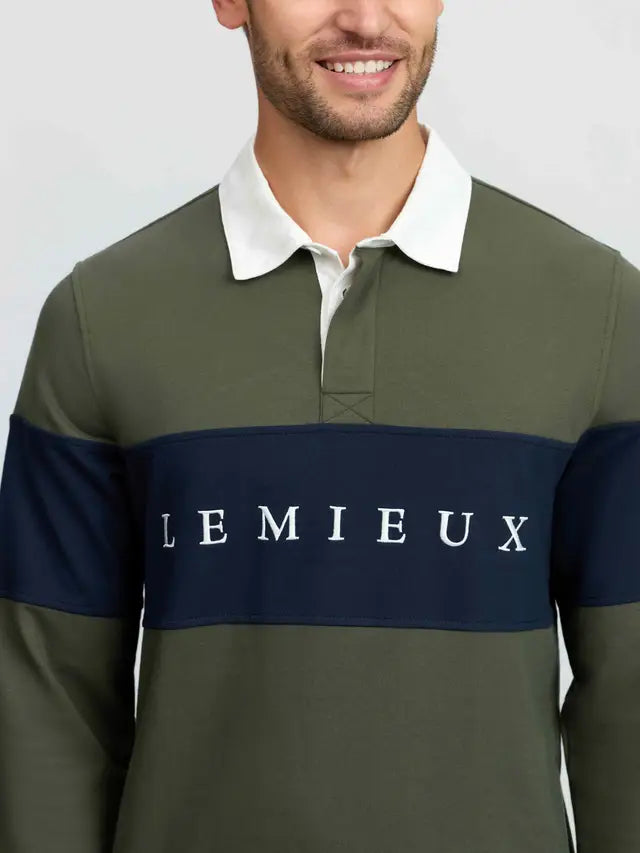 LeMieux Men's Olive Green Rugby Shirt with White 'LEMIEUX' Logo