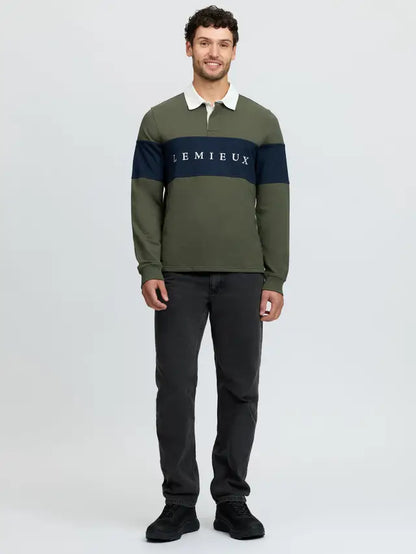 LeMieux Mens Rugby Shirt Olive, long sleeve, classic design, paired with dark grey jeans.