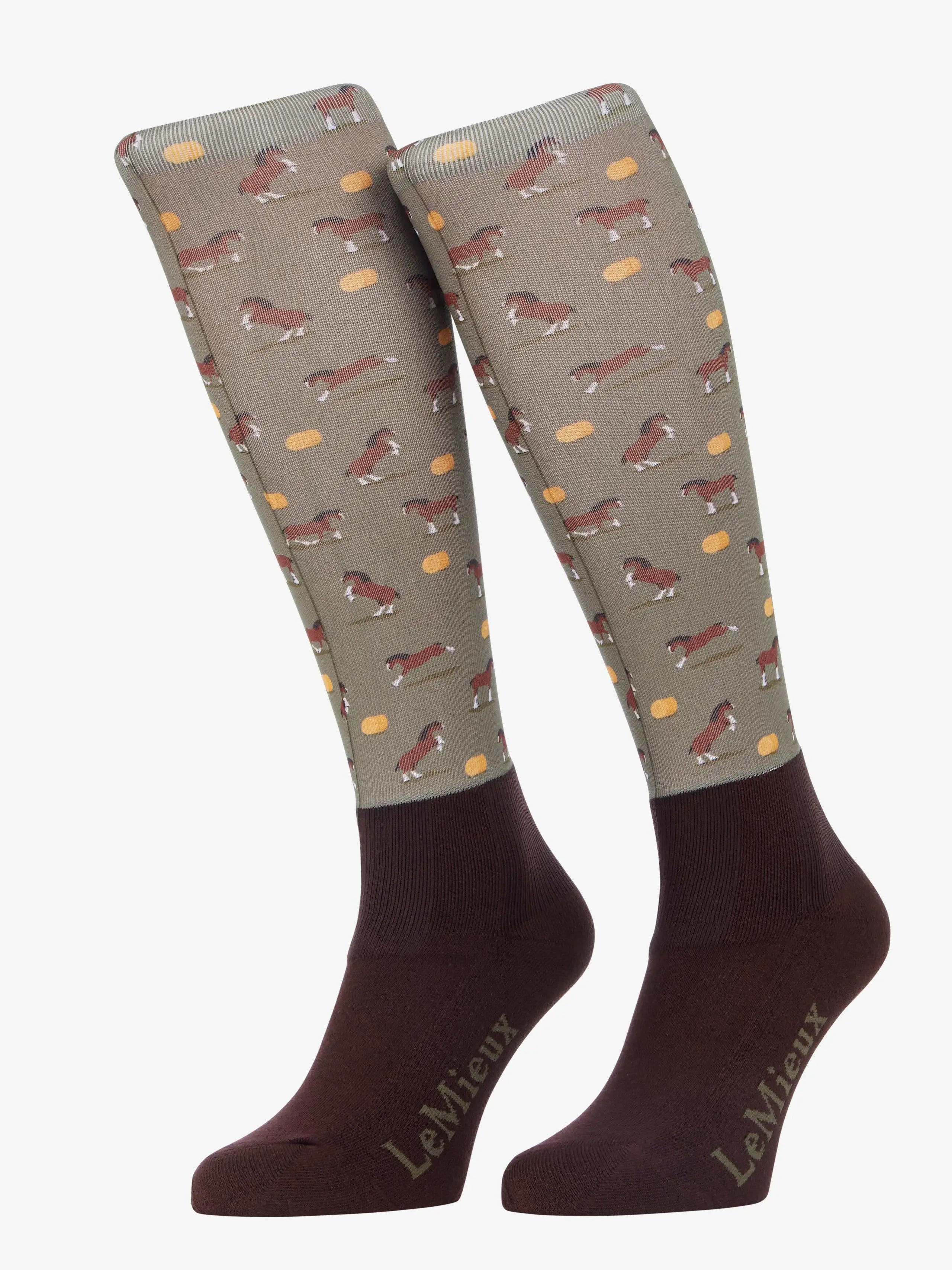 LeMieux Footsie Socks brown with horse and feed print - equestrian riding socks