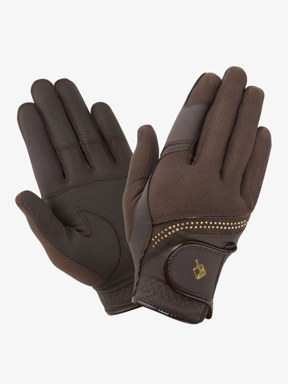 Lemieux Crystal Espresso Brown Riding Gloves with Breathable Mesh and Crystal Detailing