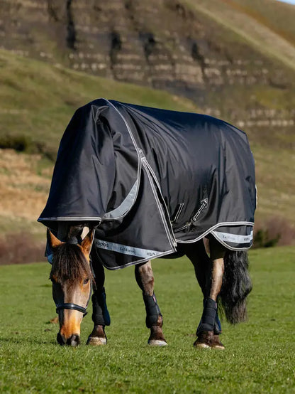 Horse wearing a black LeMieux Kudos Neo-Turnout rug, grazing in a field.