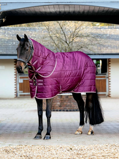 Horse wearing a purple LeMieux Arika 100g stable rug with detachable neck, blackberry color.