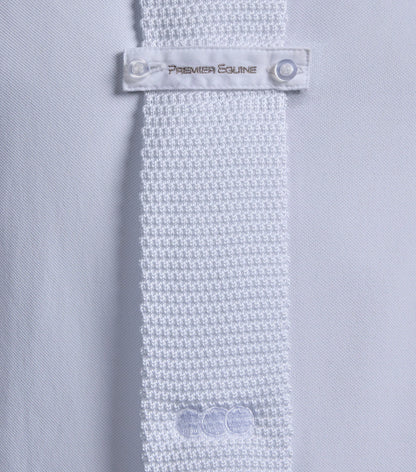 Premier Equine Men's Knitted Tie White: Stylish equestrian competition attire detail close-up.