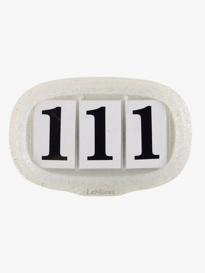 LeMieux Saddle Number Holder Silver Glitter with "111" display for equestrian competition
