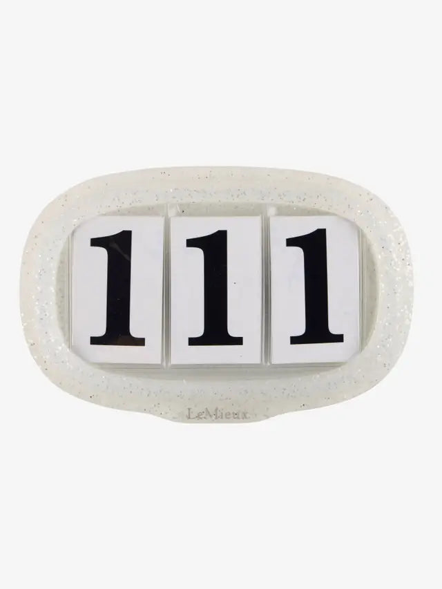 LeMieux Saddle Number Holder Silver Glitter with "111" display for equestrian competition