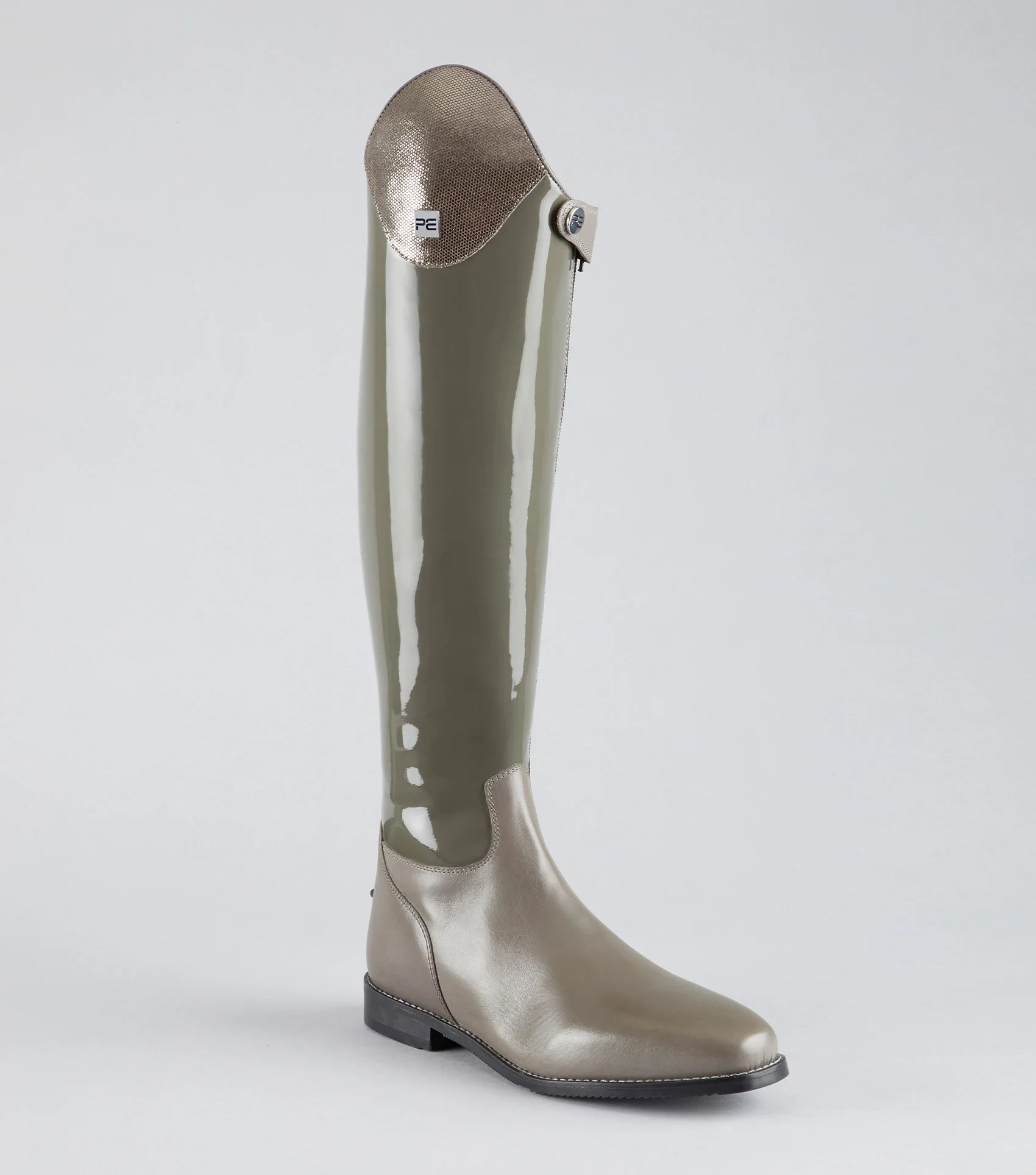 Premier Equine Grey Leather Dressage Riding Boot: Levade Ladies Boot with Patent Leather & Metallic Detail - Equiflair