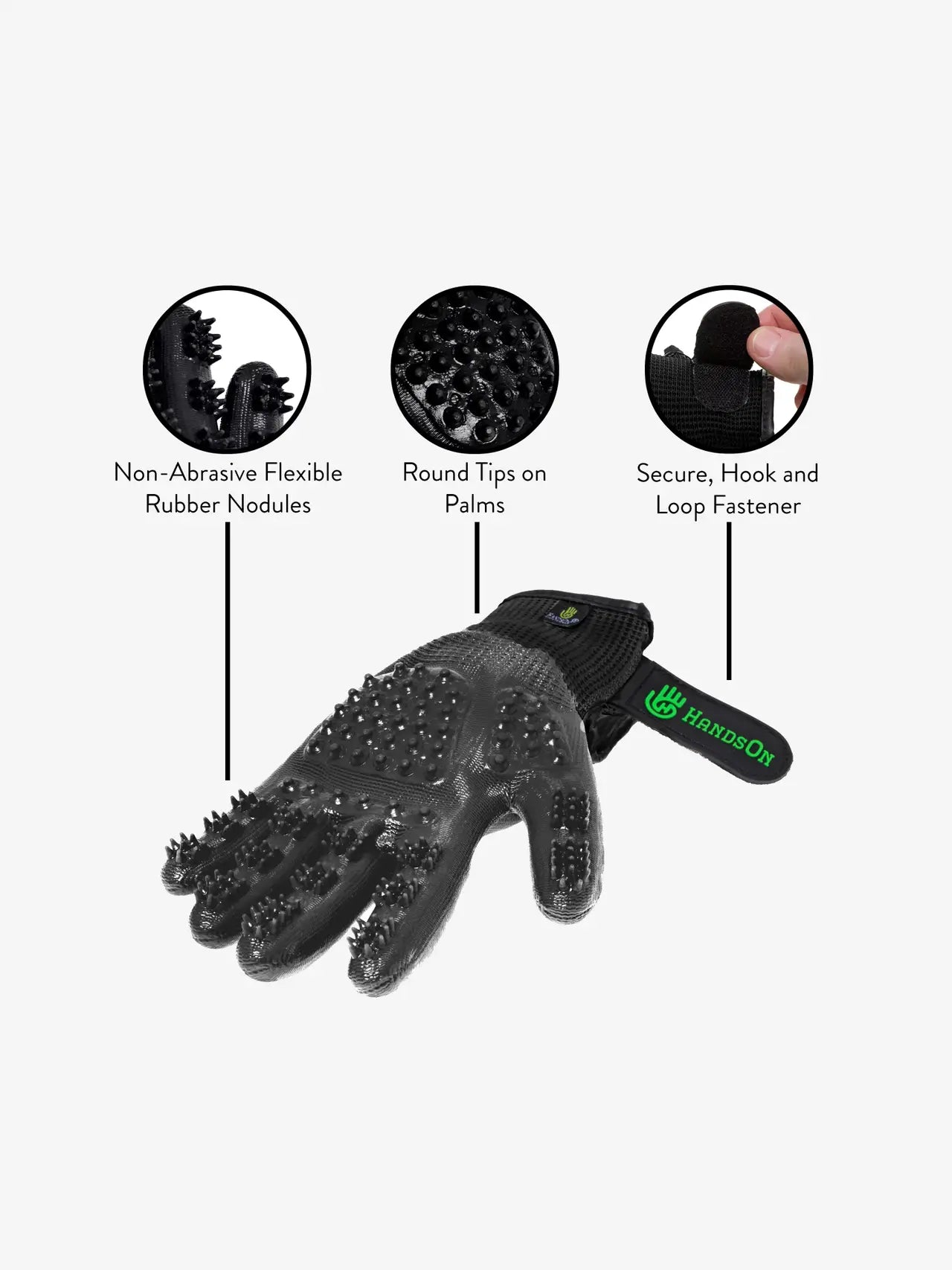 HandsOn Grooming Glove for Horse & Dog - Flexible Rubber Nodules, Round Tips, Secure Fastener