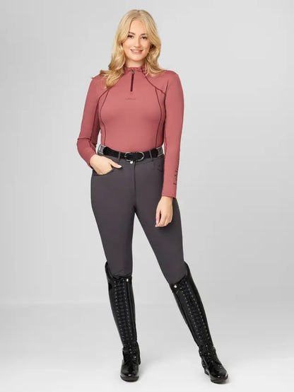LEMIEUX FREYA PRO BREECHES GREY - Woman in riding apparel: Grey Breeches, Pink Top, Tall Boots. Equiflair store
