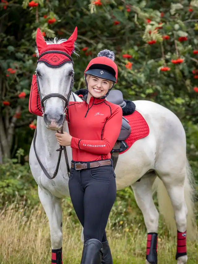 Lemieux Pom Hat Silk Chilli: Woman & Grey Horse Equestrian Fashion Matchy Matchy