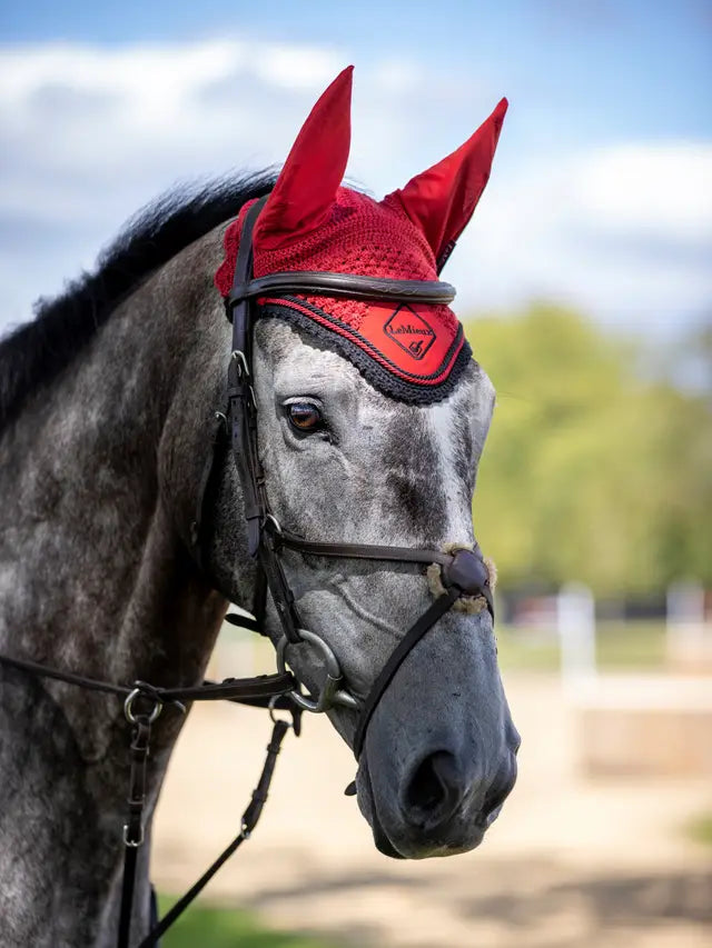 Grey Horse with Red LeMieux Classic Fly Hood - Equestrian Style