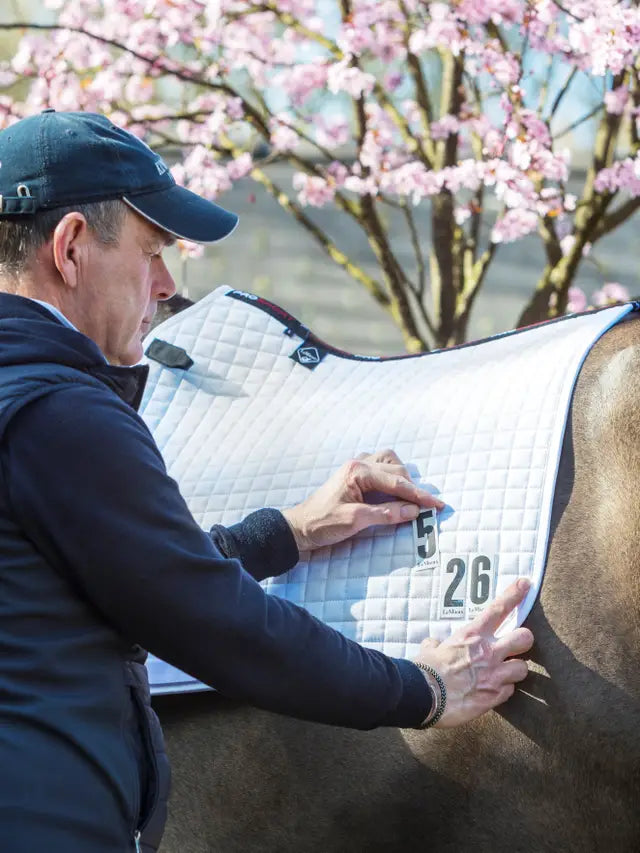 LEMIEUX Dressage Competition Saddle Pad - White with Number Pockets. Horse gear from Equiflair