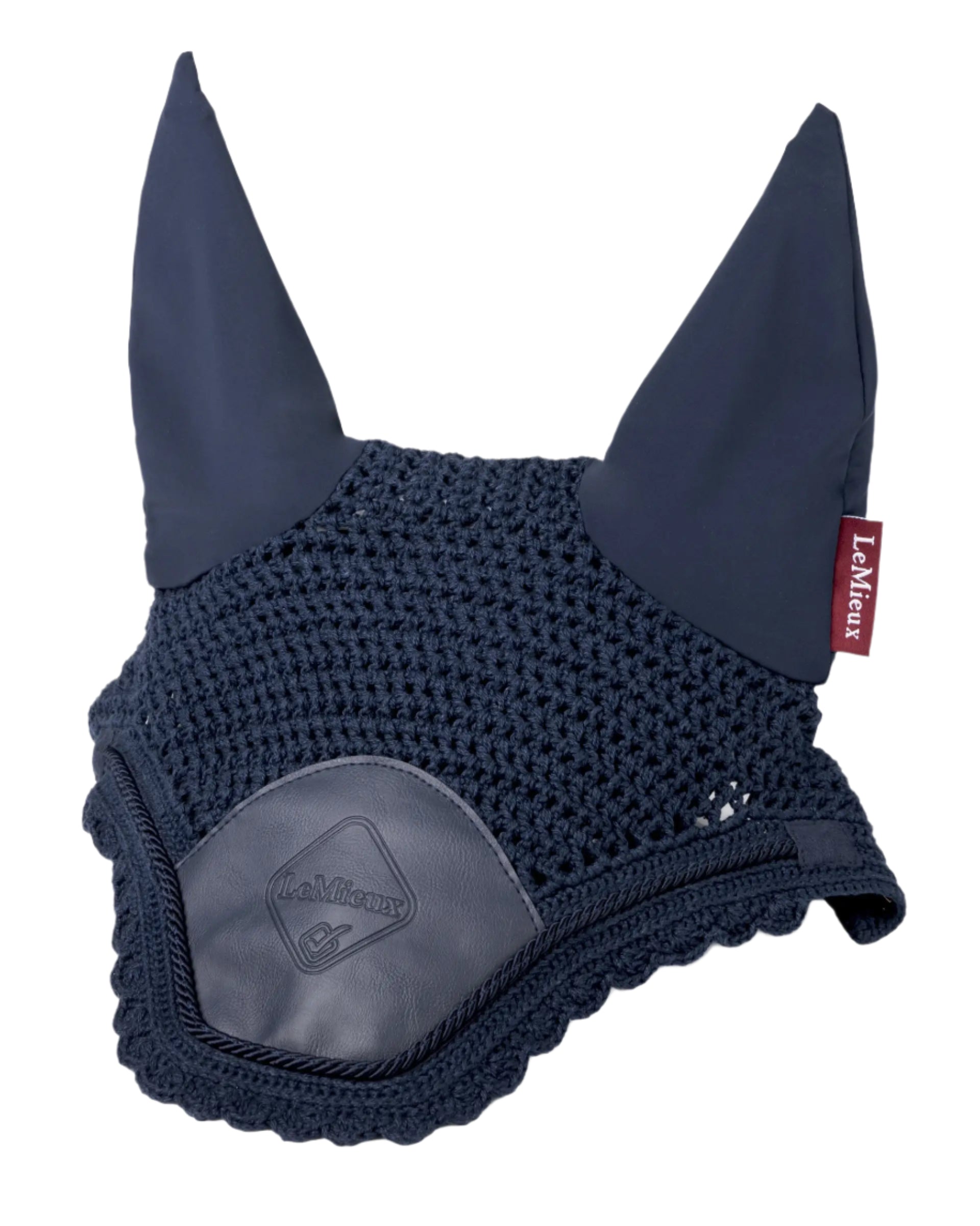 LeMieux Elite Fly Hood Navy Blue - Horse Ear Net, Hand Crochet, Leather Detail