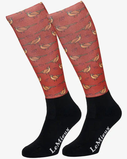 LeMieux Footsie Socks - Pheasant Sienna Junior Riding Socks. Comfortable kids equestrian socks with a unique pheasant pattern.