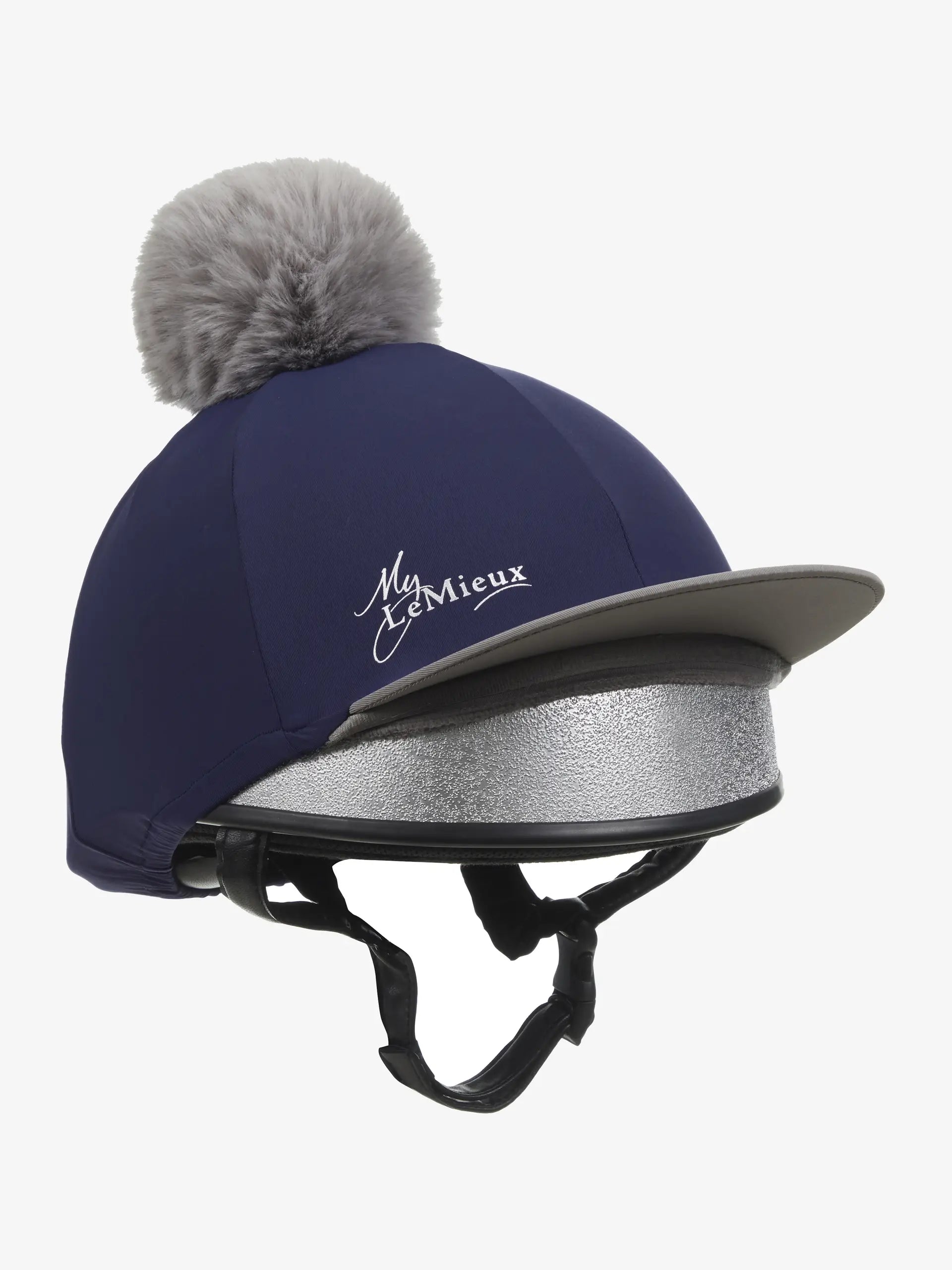 LEMIEUX Pom Hat Silk Navy - Equestrian Helmet Cover with Faux Fur Pom Pom
