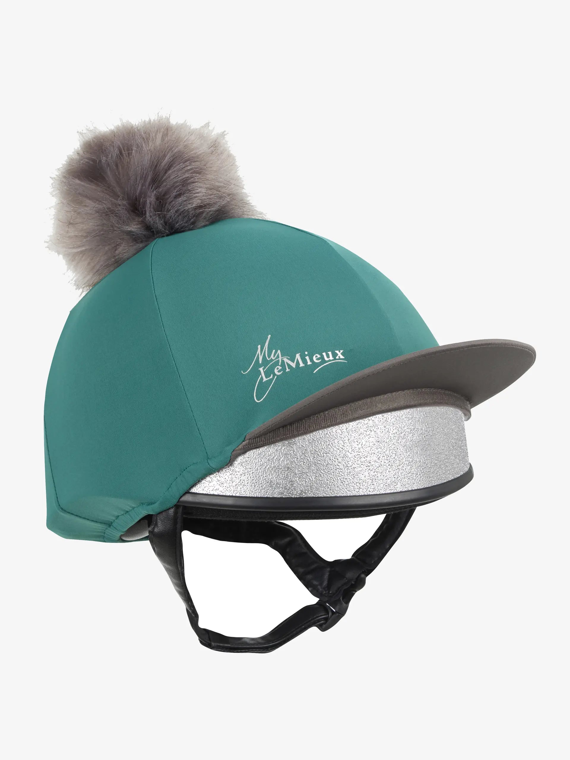 LEMIEUX Peacock Pom Hat Silk: Stylish Equestrian Helmet Cover with Faux Fur Pom Pom. Buy now at Equiflair!